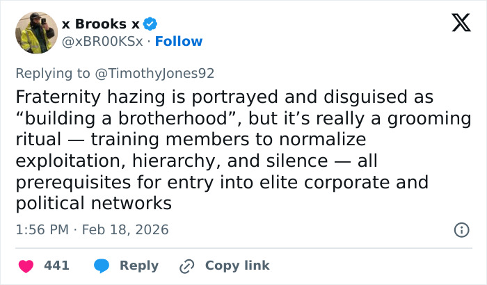 Screenshot of a tweet discussing fraternity hazing as a grooming ritual normalizing exploitation and silence.