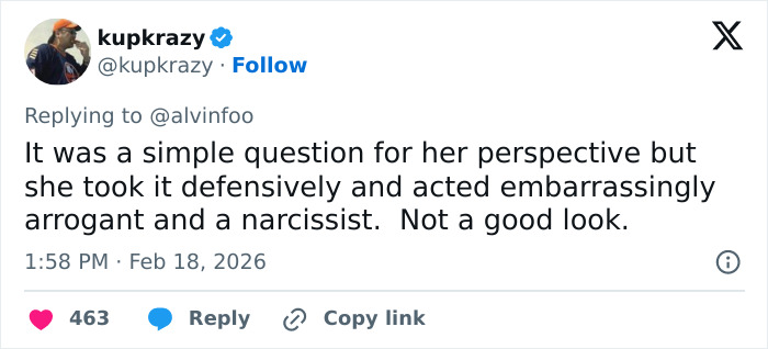 Screenshot of a tweet criticizing Eileen Gu’s reaction, highlighting JD Vance’s comment sparking backlash against the athlete.