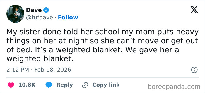 Tweet humor about a weighted blanket misunderstanding, part of chaotic and hilarious X posts coping with humor.