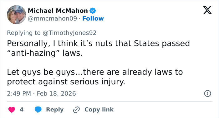 Tweet about anti-hazing laws expressing opinion on fraternity hazing and law enforcement response concerns.