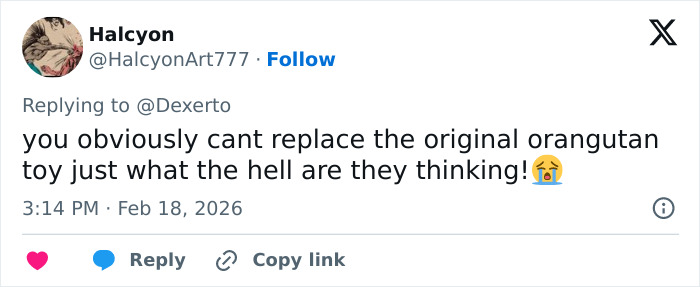Tweet expressing frustration about replacing an orangutan toy, related to baby monkey Punch and IKEA’s generous gift. Tweet expressing frustration about replacing an orangutan toy, related to baby monkey Punch and IKEA’s generous gift.