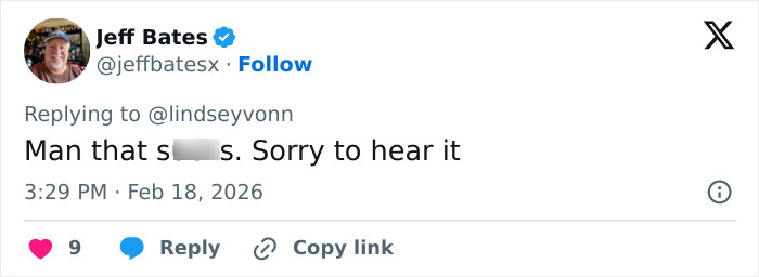 Tweet from Jeff Bates responding to Lindsey Vonn’s heartbreaking admission after fifth surgery on broken leg.