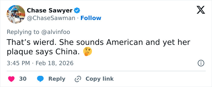 Tweet by Chase Sawyer commenting on Eileen Gu’s representation controversy, sparking fresh backlash against the athlete.