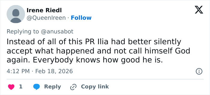 Twitter reply criticizing figure skater Ilia Malinin amid NBC Olympics president's response to controversial comments.