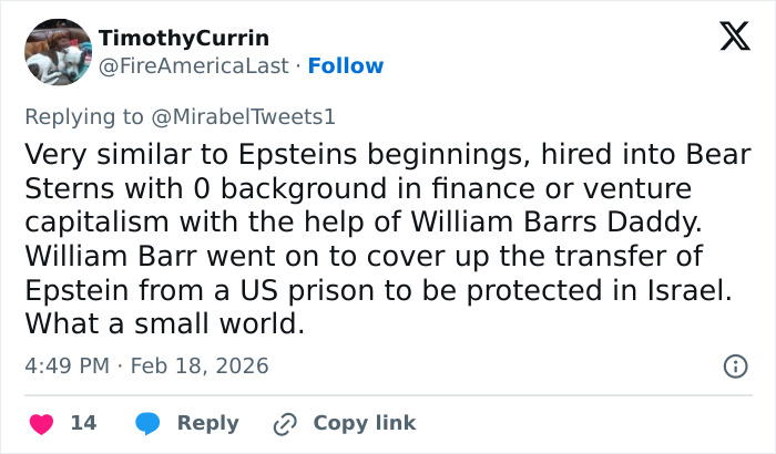 Tweet discussing Erika Kirk's alleged Epstein link and viral conspiracy theories about Epstein's prison transfer.