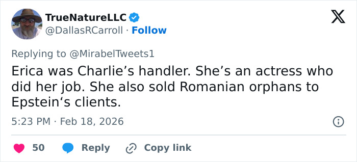 Screenshot of a tweet mentioning Erika Kirk's alleged Epstein link in viral conspiracy discussions.