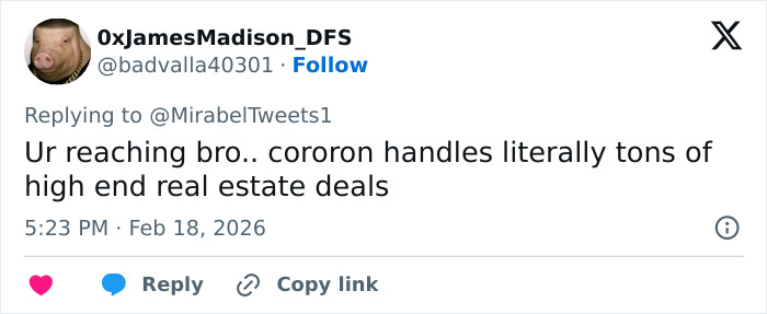 Screenshot of a tweet discussing high-end real estate deals linked to Erika Kirk's alleged Epstein connection.