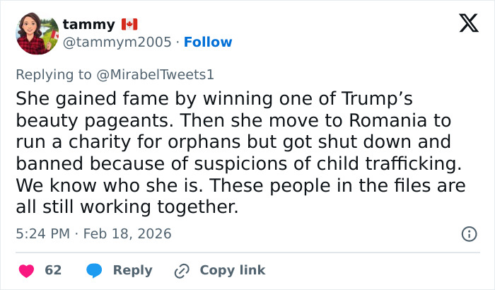 Tweet by user tammy discussing Erika Kirk’s alleged Epstein link and related conspiracy theories in a social media reply.