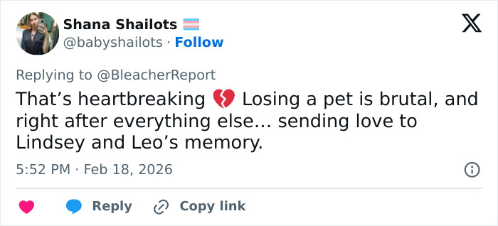 Tweet expressing heartbreak and sending love to Lindsey Vonn after her fifth surgery on broken leg and loss of pet.