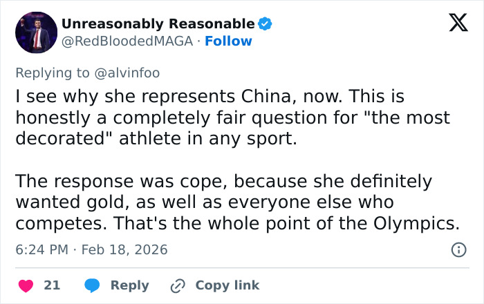 Tweet discussing JD Vance’s comment on Eileen Gu’s representation and the backlash against the athlete’s choices.
