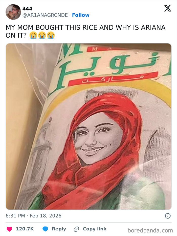 Tweet showing a humorous post with a rice bag featuring a smiling woman in a red scarf, part of chaotic and hilarious X posts.