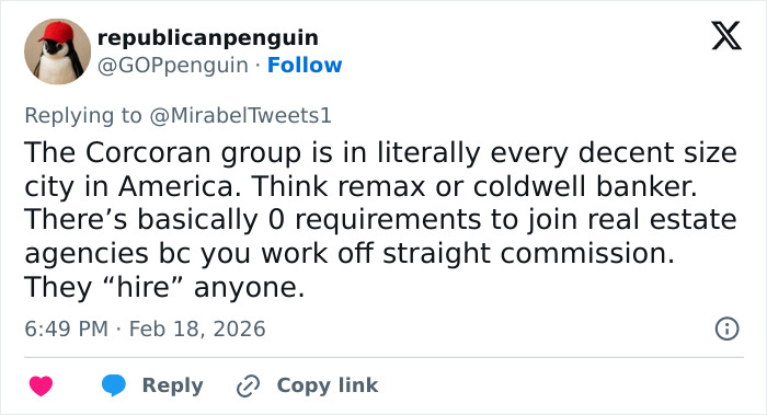 Tweet from republicanpenguin discussing Corcoran group’s presence in US cities and real estate commission hiring practices.