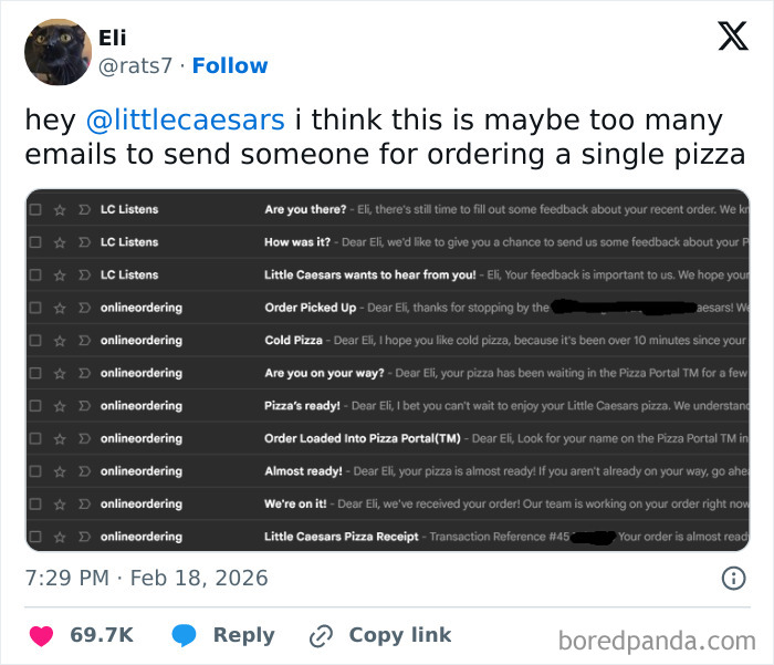 Screenshot of multiple chaotic and hilarious X posts showing excessive email notifications after ordering a single pizza.