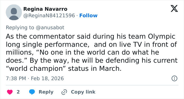 Tweet discussing Ilia Malinin's Olympic performance and defending his world champion status in figure skating.