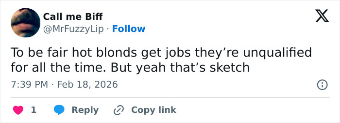 Tweet by Call me Biff discussing unqualified hot blondes getting jobs, linked to Erika Kirk’s alleged Epstein conspiracy theories.