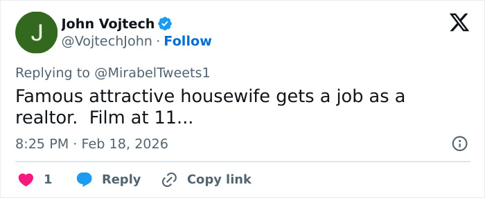 Screenshot of a tweet about a famous housewife becoming a realtor, linked to Erika Kirk alleged Epstein conspiracy theories.