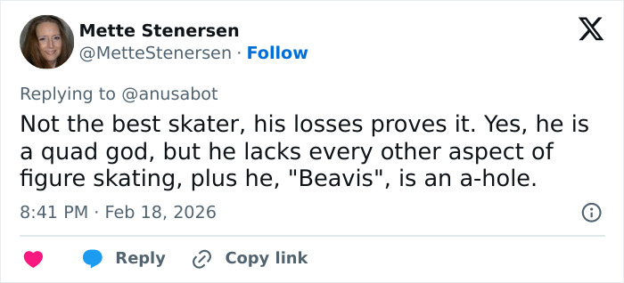 Tweet screenshot showing a critical comment about quad god Ilia Malinin related to figure skating performance.