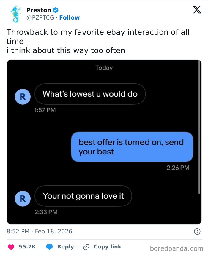 Screenshot of a humorous chaotic X post showing a funny ebay negotiation conversation in February.