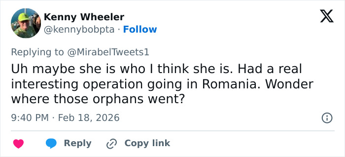 Screenshot of a tweet discussing Erika Kirk's alleged Epstein link and mentioning a suspicious operation in Romania involving orphans.