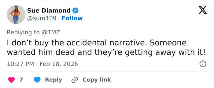 Tweet by Sue Diamond expressing disbelief over Peter Greene's cause of passing and doubts about the accidental narrative.