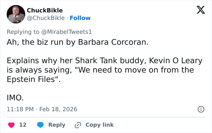 Tweet discussing Erika Kirk's alleged Epstein link and related viral conspiracy theories involving Shark Tank personalities.