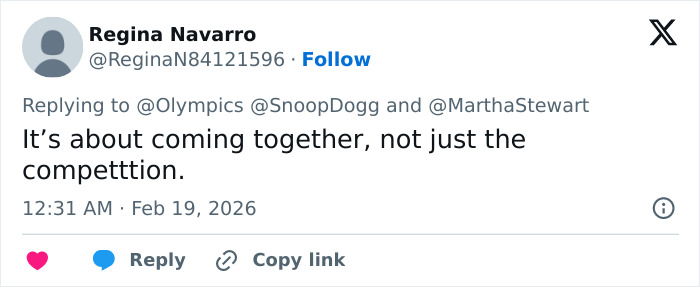 Tweet from Regina Navarro responding to Olympics discussion about competition and unity after Ilia Malinin comments.