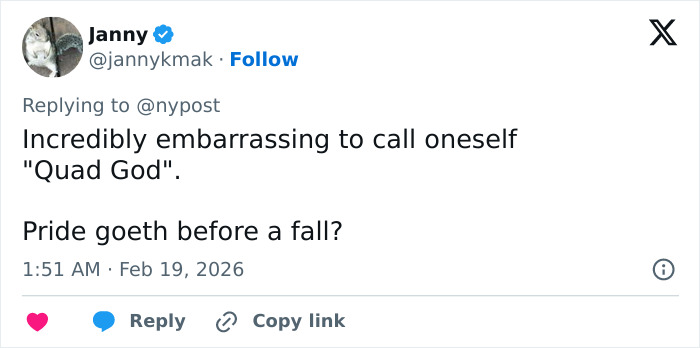 Screenshot of a social media reply criticizing figure skater Ilia Malinin’s use of the term Quad God in a controversial comment.