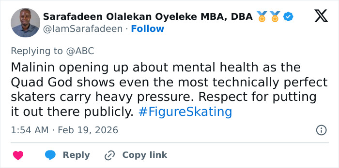 Tweet about Ilia Malinin addressing mental health and pressure in figure skating, with NBC Olympics president responding.