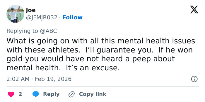 Tweet by user Joe discussing mental health issues in athletes, referencing controversy involving Quad God Ilia Malinin and NBC Olympics response.