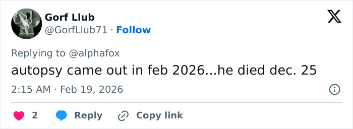 Screenshot of a Twitter reply discussing Peter Greene's cause of passing and the timing of the autopsy report.