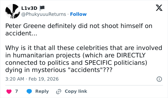 Tweet discussing confusion around Peter Greene&rsquo;s cause of passing linked to mysterious accidents involving celebrities and politics.