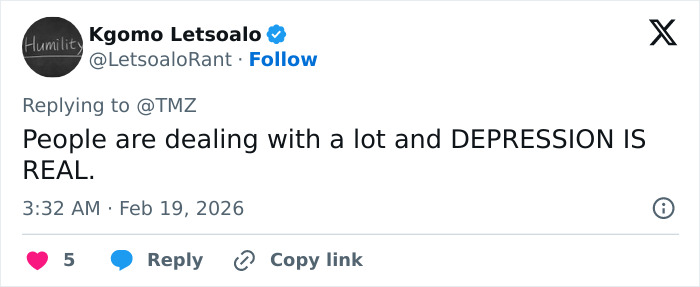 Tweet about mental health awareness emphasizing that depression is real, related to police report on Anne Burrell’s passing. Tweet about mental health awareness emphasizing that depression is real, related to police report on Anne Burrell’s passing.