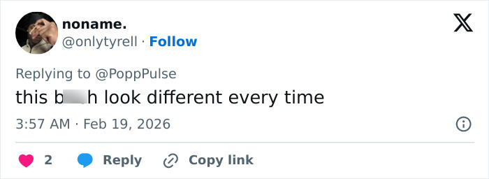 Reaction tweet to Nicki Minaj’s dramatic new look, showing surprise and discussion on social media comments.