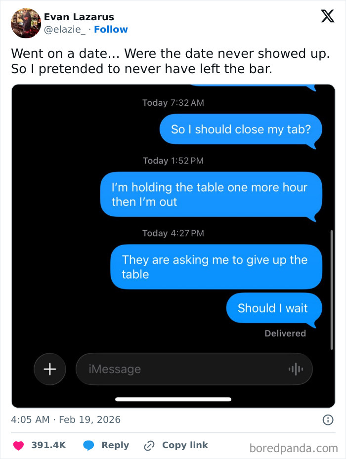 Screenshot of a humorous X post showing a funny text message conversation about holding a table in a bar.