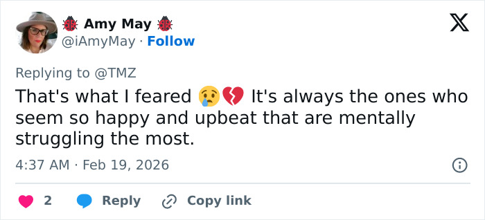 Tweet from user Amy May expressing fear and sadness about mental struggles, related to police report on Anne Burrell’s passing. Tweet from user Amy May expressing fear and sadness about mental struggles, related to police report on Anne Burrell’s passing.