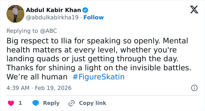 Screenshot of a tweet praising Ilia Malinin for openness on mental health and figure skating struggles.