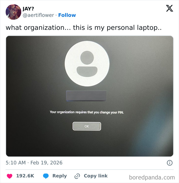 Screenshot of a humorous X post showing a personal laptop asking to change PIN, highlighting chaotic coping humor.