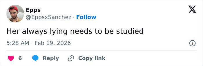 Screenshot of a tweet expressing skepticism about a pathological liar claim involving a toddler son.