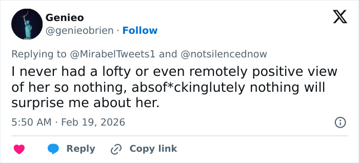 Tweet from user Genioe expressing strong negative opinion about Erika Kirk amid alleged Epstein link and viral conspiracy theories.