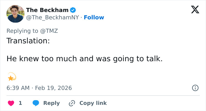 Tweet from The Beckham replying to TMZ, mentioning someone who knew too much and was going to talk about Peter Greene's cause of passing.