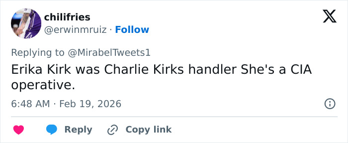 Tweet claiming Erika Kirk is Charlie Kirk’s handler and a CIA operative, linked to alleged Epstein conspiracy theories.