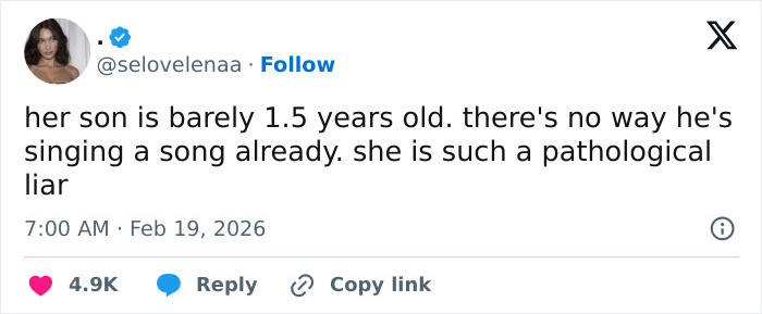 Social media post calling Hailey Bieber a pathological liar about her toddler son's singing ability.