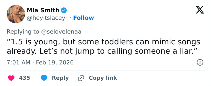 A tweet discussing skepticism about calling a toddler a pathological liar, mentioning toddlers mimicking songs.