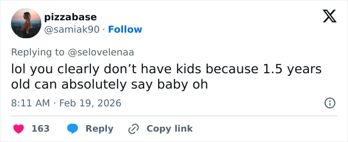 Twitter reply questioning claims about toddler speech, related to skepticism over pathological liar accusations.