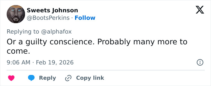 Tweet from user Sweets Johnson replying to @alphafox with comment about guilty conscience after Peter Greene's cause of passing shocks fans.