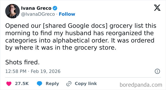 Screenshot of a chaotic and hilarious X post about a husband humorously reorganizing a grocery list alphabetically in February.