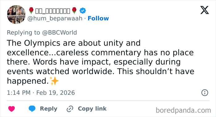 Tweet discussing Winter Olympics host forced to resign after commentary sparked public outrage and global criticism.