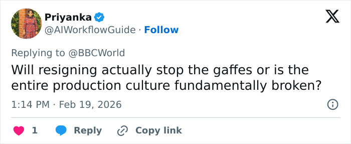 Tweet reply questioning if Winter Olympics host resignation will stop commentary outrage or reflect deeper production issues.