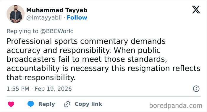 Tweet discussing professional sports commentary and accountability related to Winter Olympics host forced to resign after outrage.