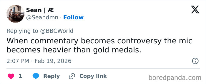 Screenshot of a tweet about Winter Olympics host forced to resign after commentary sparked outrage on social media.